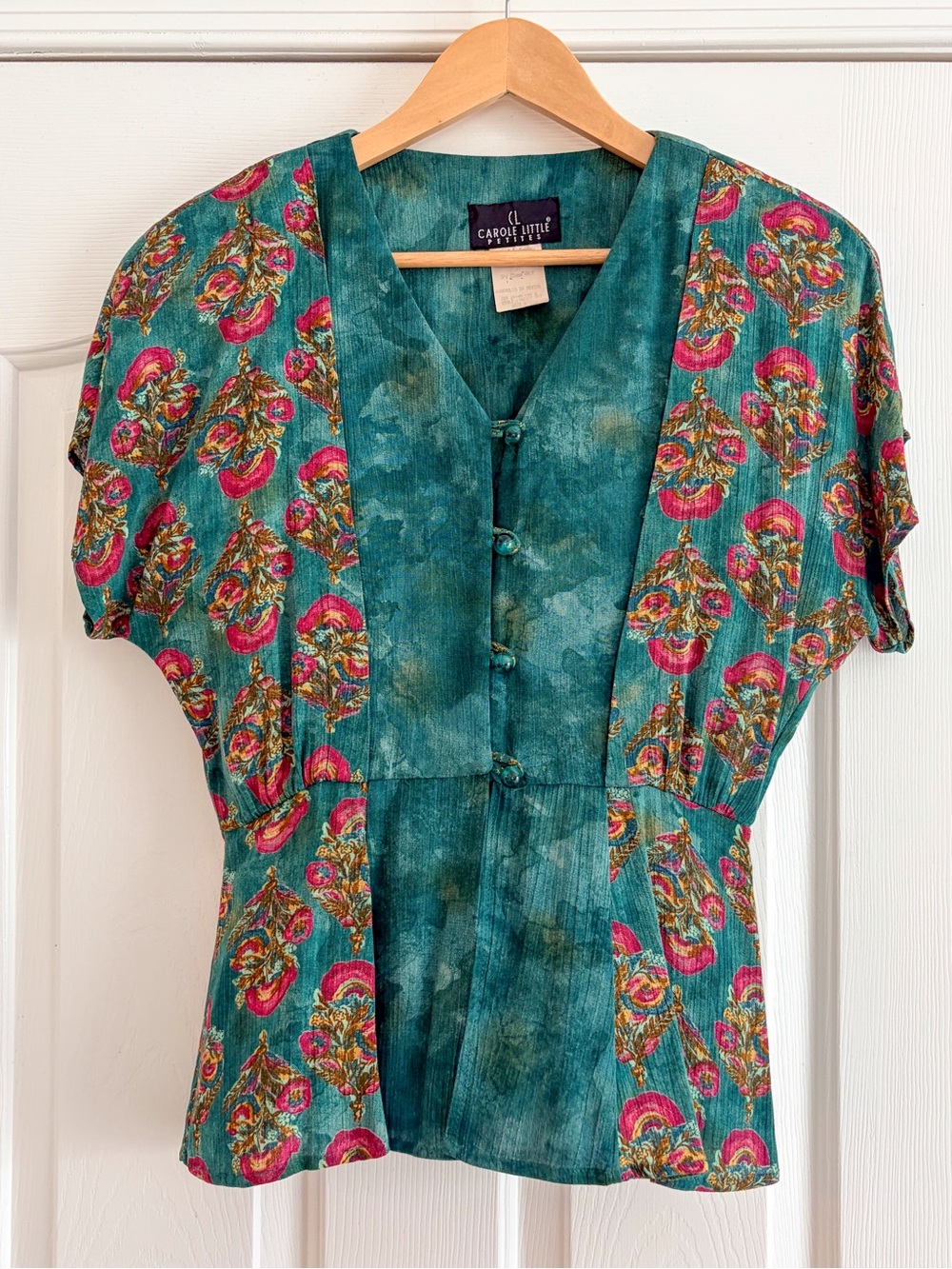 Carole Little Petites Teal Floral Button Front Peplum Blouse Top Size 6P